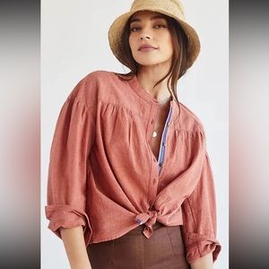 ANTHROPOLOGIE PILCRO PEASANT BUTTONDOWN STRIPED LONG SLEEVE TOP ORANGE WOMENS XS